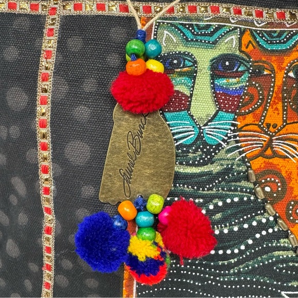 NEW Laurel Burch Fantastic Felines Cat Shoulder Tote Bag Purse Beaded Black - Picture 2 of 10